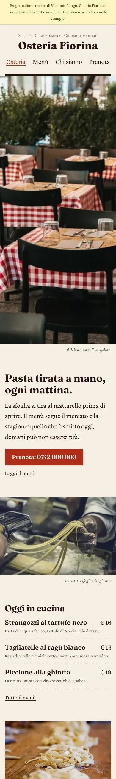 Il sito nuovo dell’osteria sul telefono: nome grande, foto del locale, pulsante per prenotare e i piatti del giorno con i prezzi