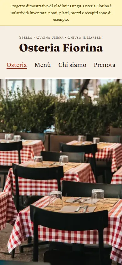 La home page di Osteria Fiorina vista dal telefono
