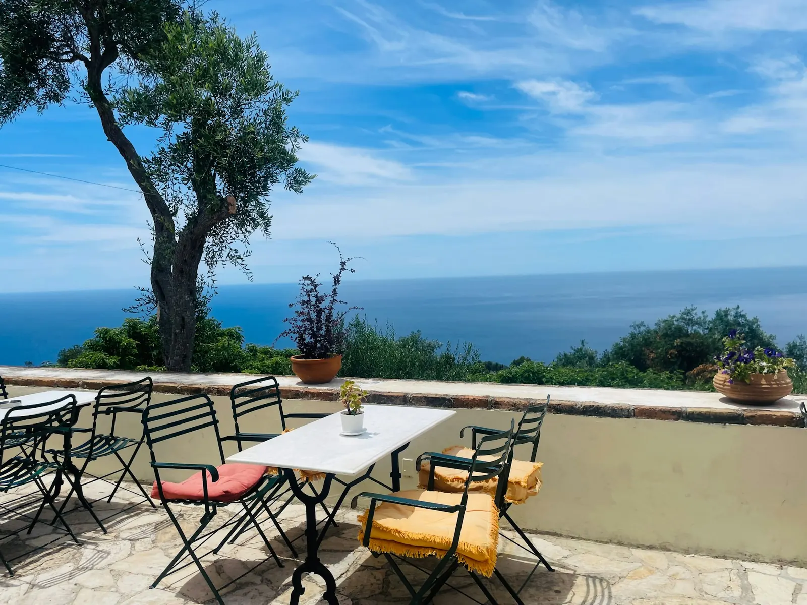 Terrazza con tavolini, sedie colorate e un ulivo affacciata sul mare