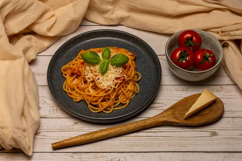 Un piatto di spaghetti al pomodoro con basilico e parmigiano